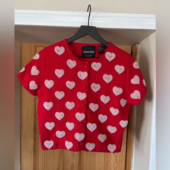 VTG 1999 Michael Simon Red/White Beaded Heart Cardigan,Valentines, Sweetheart, M - Picture 2 of 14